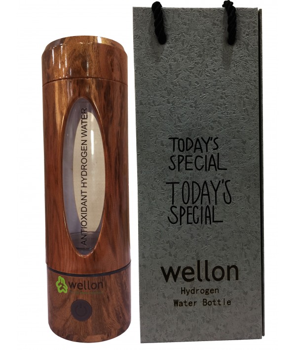 WELLON Hydrogen Generator Water Bottle SPE/PEM + Exhaust Hole Wooden Shade (3rd Gen) Ionizer High Concentration Discharge Ozone and Chlorine (330 ml)